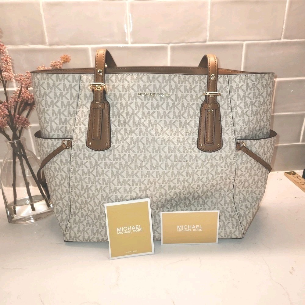 Michael Kors Signature Canvas Monogram Voyager East West Tote Purse Bag Vanilla - Picture 2 of 10